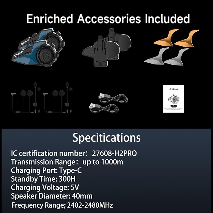 Moman Motorcycle Intercom, H2E Eagle-Like Helmet Headset Communication System - Image 9