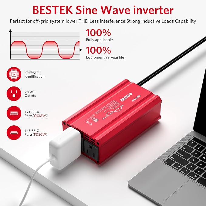 BESTEK 400W Car Power Inverter DC 12V to AC 110V Car Plug T-Type Sine Wave - Image 2