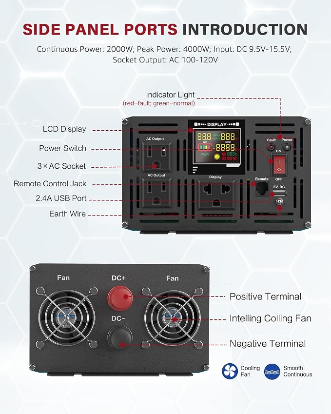 2000 Watt Inverter Pure Sine Wave DC 12V to 110V AC Power Inverters - Image 5