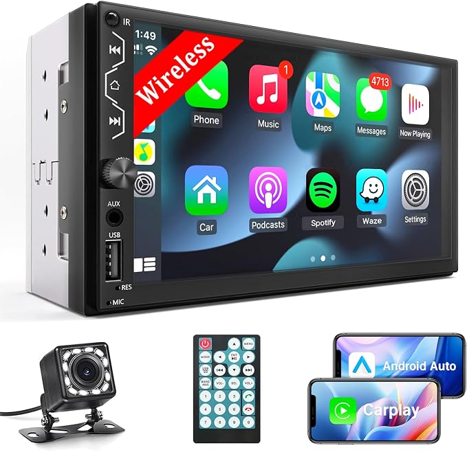 Double Din Car Stereo with Wireless Carplay and Wireless Android Auto, 7 Inch by Leadfan