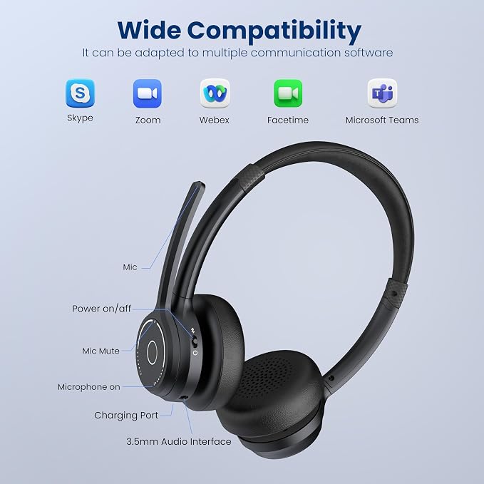 Wireless Headset with Mic for Work, Wireless On Ear Headphones with USB Dongle - Image 6