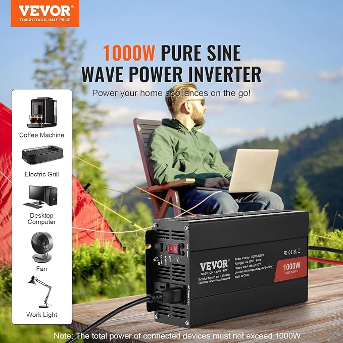 VEVOR 1000W Pure Sine Wave Inverter, DC 12V to AC 120V Power Inverter - Image 2