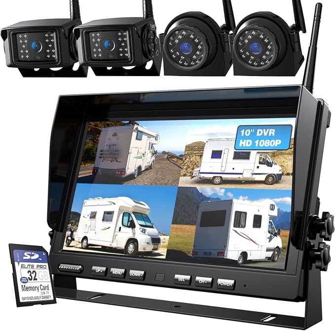 10'' 1080P Wireless Backup Camera System, 10 Inch DVR Quad Split Monitor by ZEROXCLUB