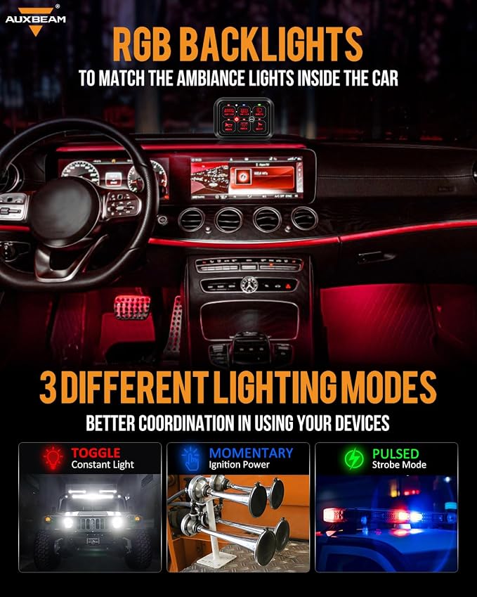 Auxbeam 6 Gang Switch Panel RA60 Toggle Momentary Pulsed RGB Dimmable Switch - Image 3