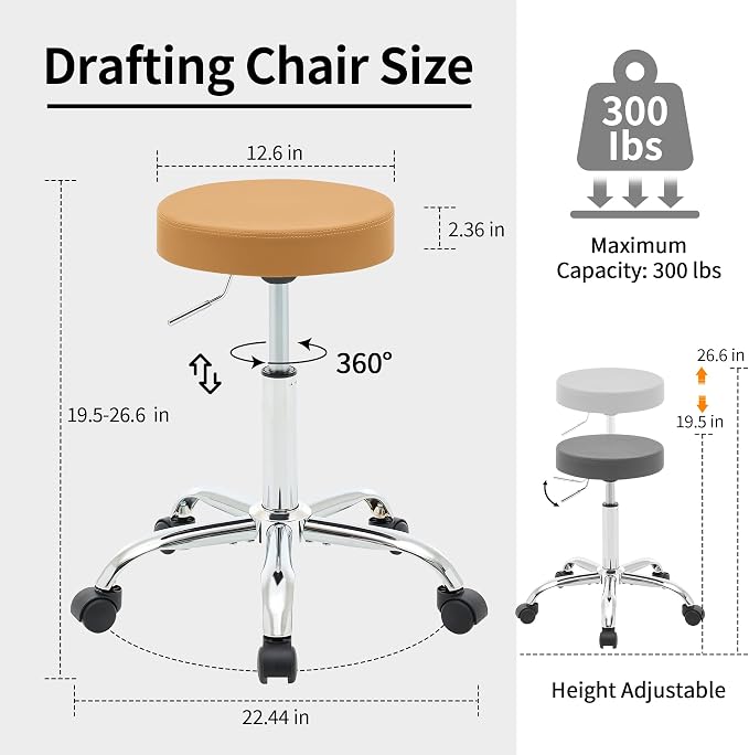 Office Desk Chair, Adjustable Swivel Rolling Stool 19.5’’-26.6’’, Camel Brown - Image 2