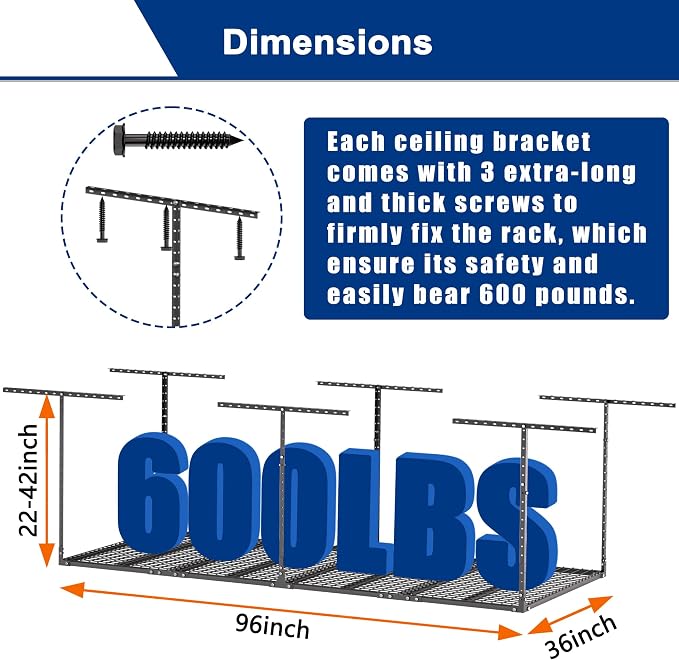 GIOTORENT 3x8FT Heavy Duty Overhead Garage Storage Rack - Image 3