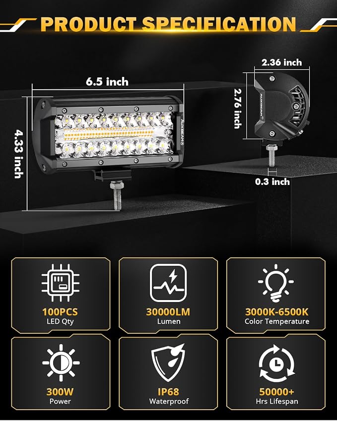 Auxbeam 7 Inch 300W LED Light Bar, 6 Modes Strobe Amber Pod Lights Yellow Fog - Image 4