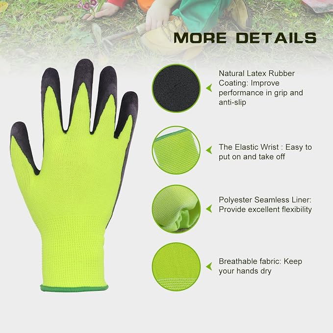 HANDLANDY 3 Pairs Kids Gardening Gloves Latex Free, Nitrile Coated Children - Image 2
