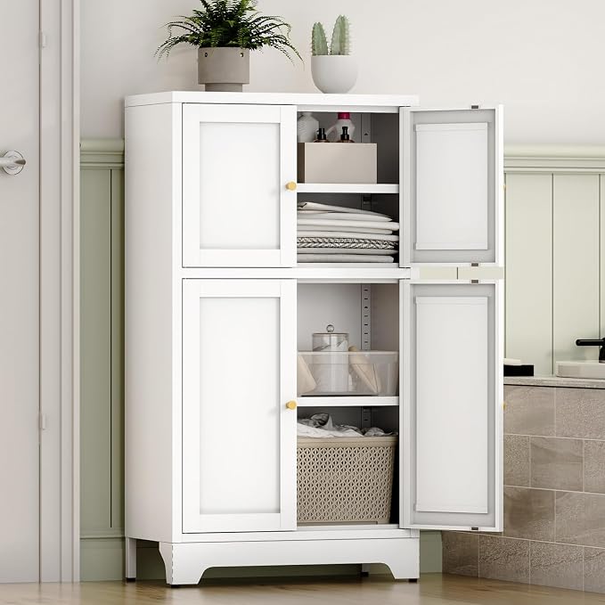 White Bathroom Floor Cabinet, Metal Storage Cabinet - Image 2
