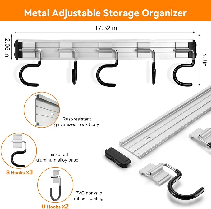 34.5'' Aluminum Alloy Garage Tool Organizer Hooks, Broom Holder Wall Mount - Image 2