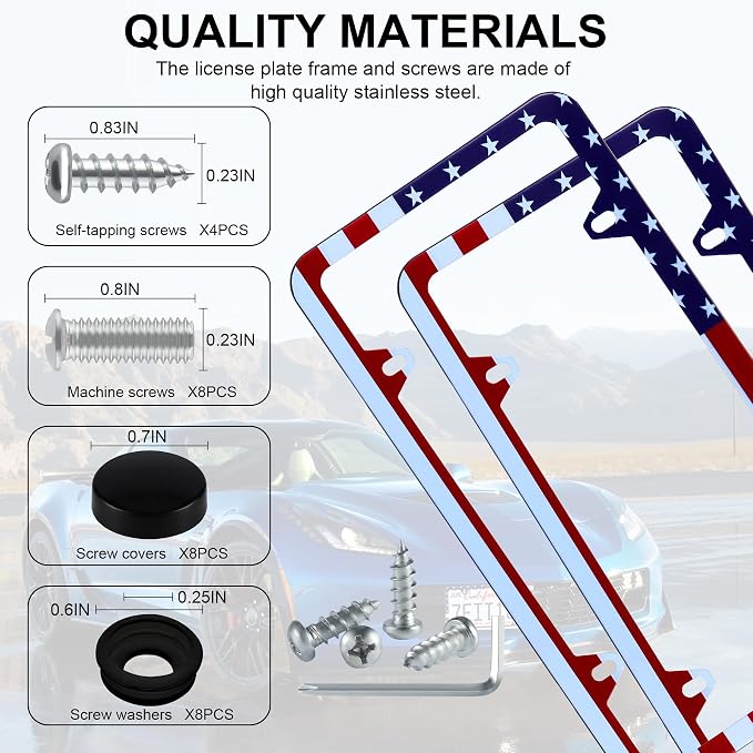 LivTee American Flag License Plate Frames, 4 Holes Stainless Steel License - Image 4