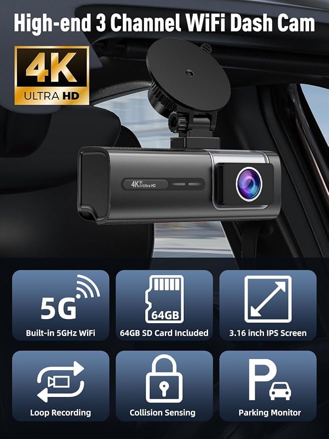 3 Channel 5G WiFi Dash Cam, 4K+1080P+1080P Dash Cam Front and Rear Inside - Image 2