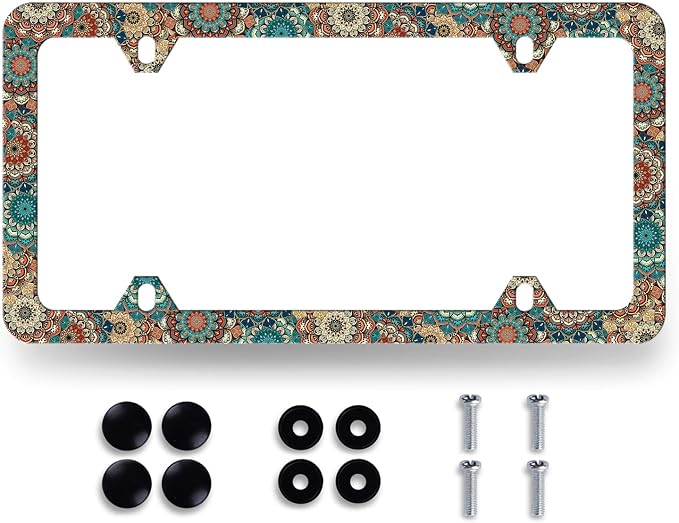 Vintage Mandala Flowers License Plate Frame Boho Floral License Plate Holder by MUAWUOIK