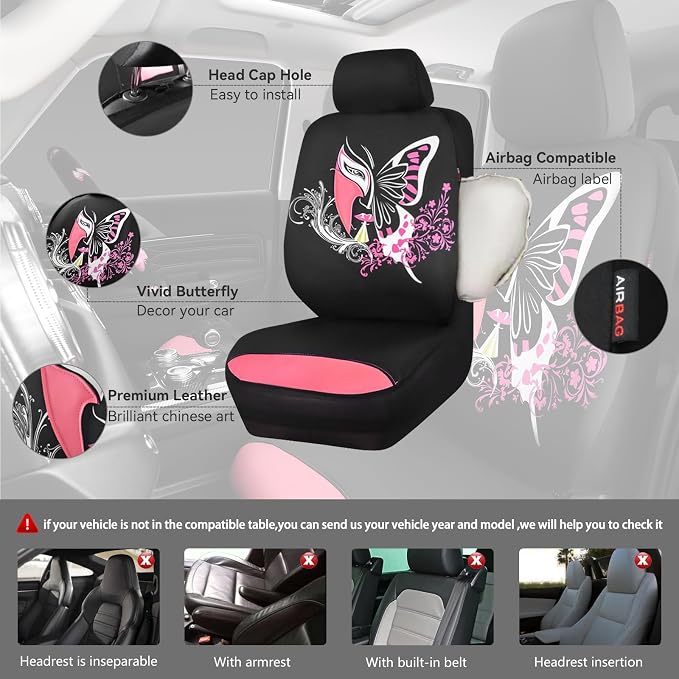 CAR PASS Pink Leather & Gaberdine Butterfly Car Seat Covers Full Set - Image 3