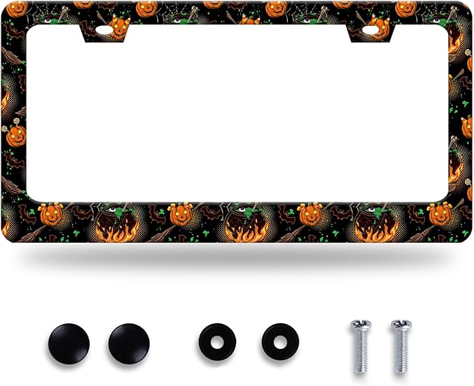 Halloween License Plate Frame Pumpkin Bats License Plate Stainless Steel Funny by GORSNKYE