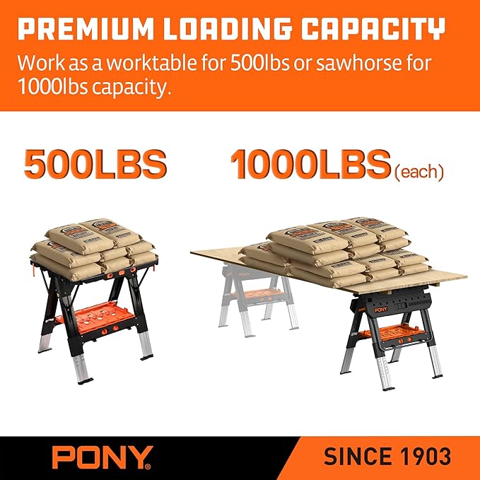 Pony Portable Folding Work Table, 2-in-1 as Sawhorse & Workbench, 31” W×25” - Image 5