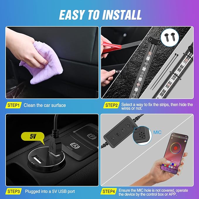 Nilight 72 LED USB Interior Strip Lights Dream Color RGB-IC 12V DC - Image 6