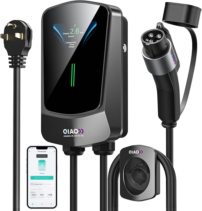 QIAO Level 2 EV Charger, Wi-Fi Bluetooth APP Enabled EVSE, 4.3in Display by QAOFUL