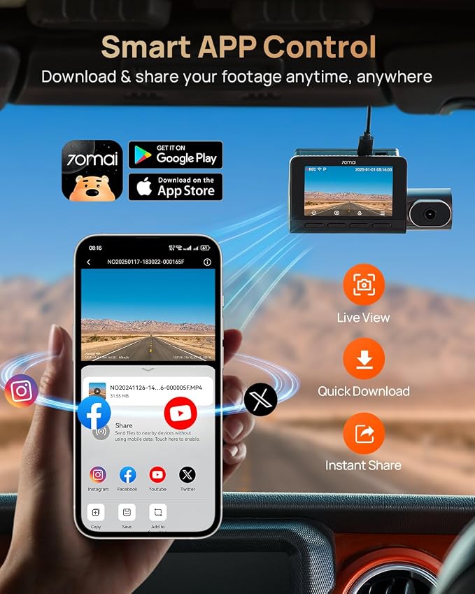 70mai 4K T800 3 Channel Dash Cam, Dash Cam Front and Rear Inside, STARVIS 2 - Image 8