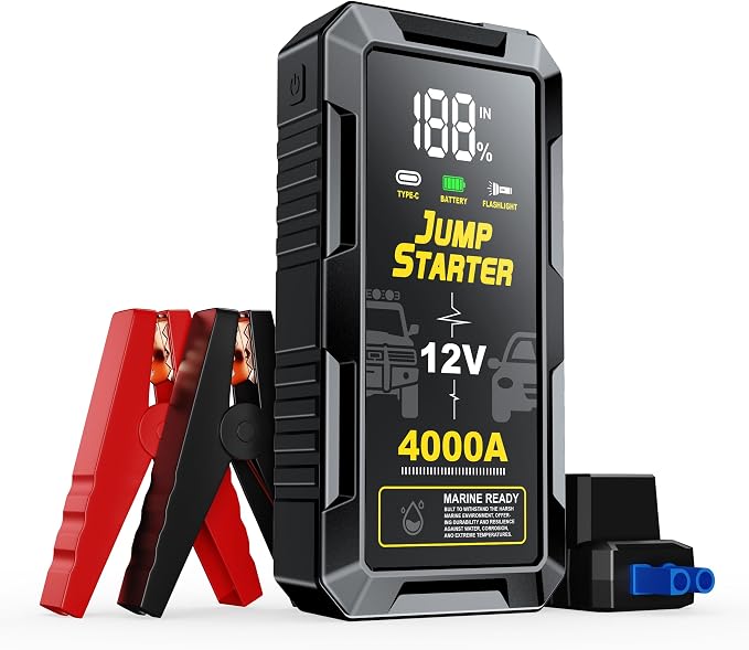 Car Battery Jump Starter with 4000A Peak Smart Clip LCD Display and 3 Modes by Fmooo
