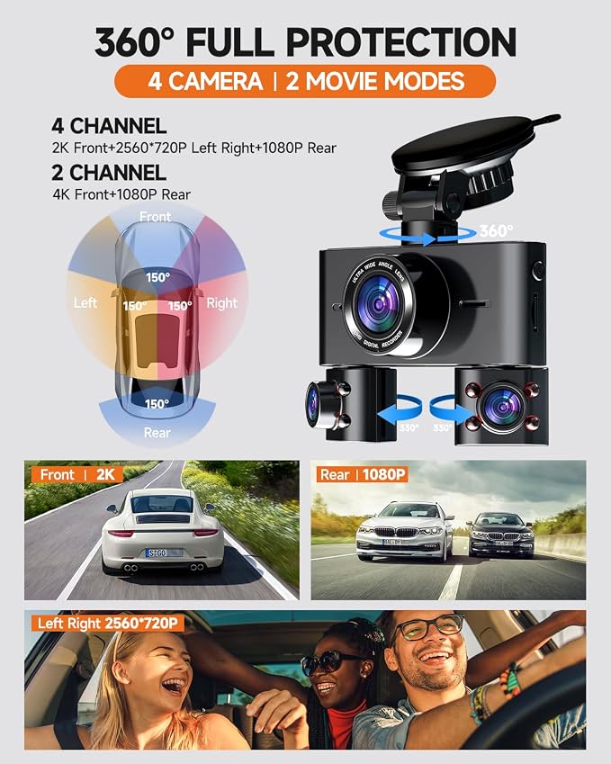 Dash Cam 360°, Dash Camera for Cars Front and Rear Inside, 4 Channel 4K/2K FHD - Image 3