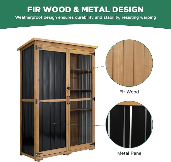 Outdoor Storage Cabinet Wood & Metal, Storage Shed Waterproof Double Lock - Image 4