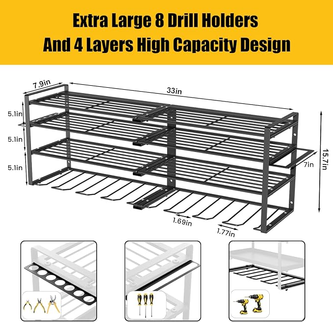 Wall Mount Power Tool Organizer, 4 Layer 8 Drill Hangers Storage Rack, Tool - Image 4