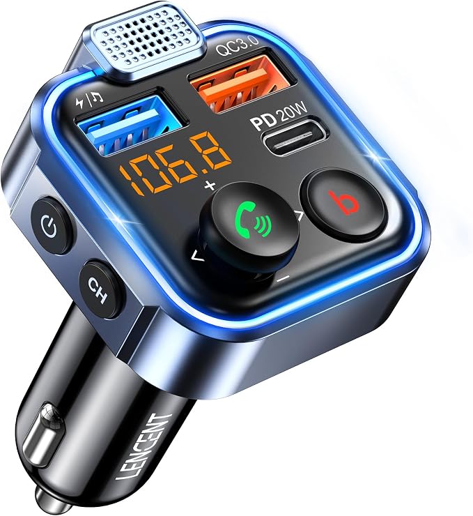 LENCENT FM Transmitter in-Car Adapter, Type-C PD 20W+ QC3.0 Fast USB Charger by LENCENT