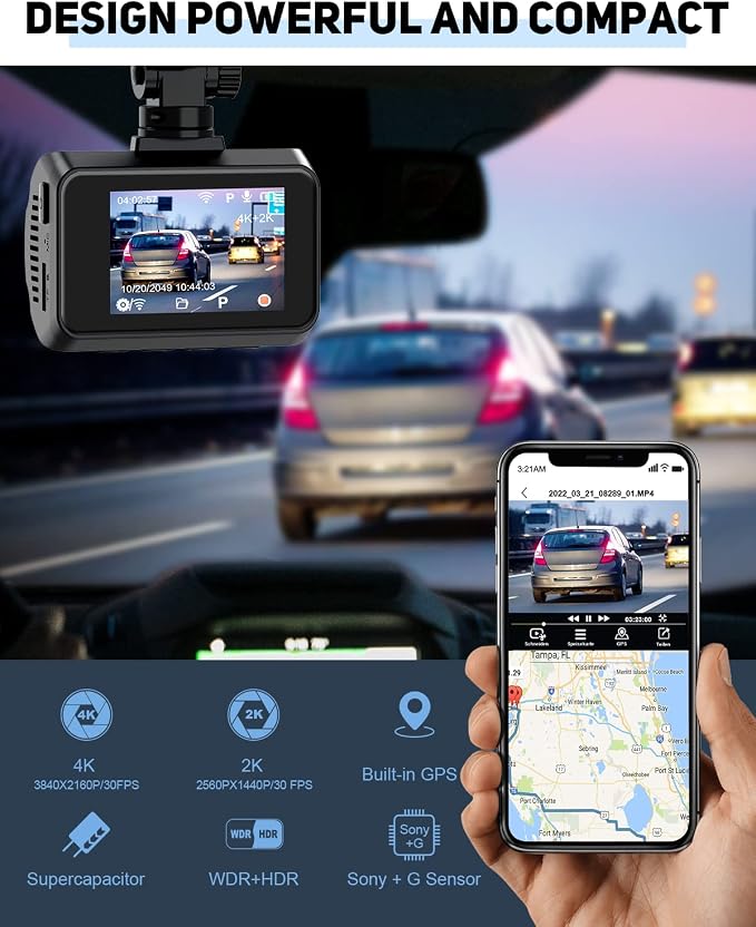 4K Dash Cam Front and Rear, Car Dash Camera Built-in WiFi GPS, Free 64GB Card - Image 3