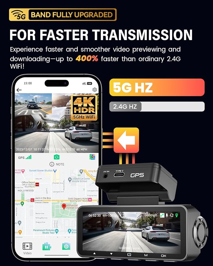 Dash Cam Front Rear 4K Built-in 5G WiFi GPS, Voice Control, 3.39 inch IPS Screen - Image 5