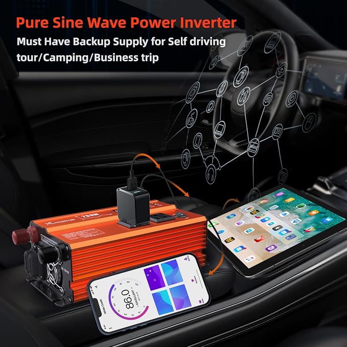 750W Pure Sine Wave Inverter, Car Power Inverter, 12V DC to 110V AC Power - Image 2