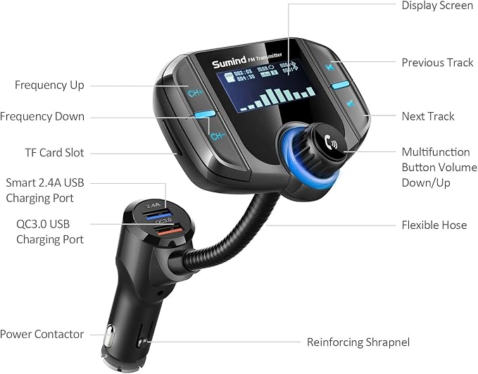 Bluetooth FM Transmitter, Sumind Wireless Radio Adapter Hands-Free Car Kit - Image 2