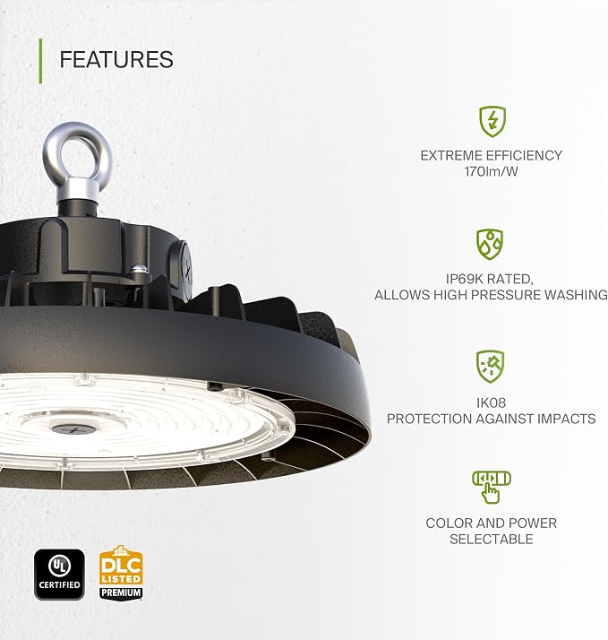 ASD LED High Bay UFO Light Fixture, Commercial Shop Lighting | 3CCT, IP69K - Image 3