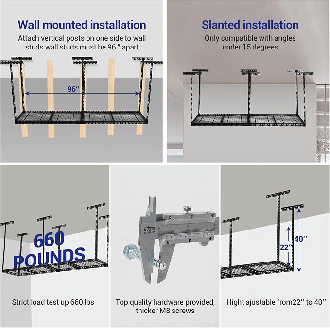 Overhead Garage Storage Rack 4x8 FT, Steel Ceiling Shelves 660lb Capacity - Image 4
