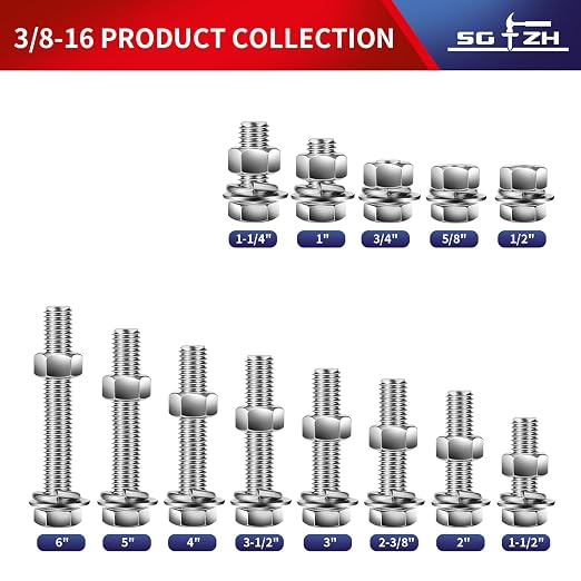 3/8-16 x 4" Hex Head Screw Bolt, Flat & Lock Washers, Fully Threaded, by SG TZH - Image 3