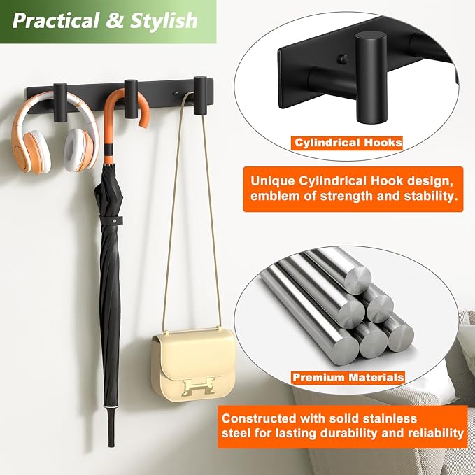 Coat Rack Wall Mounted with 3 Hooks, Heavy Duty Wall Hooks - Image 4