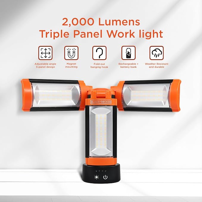 BLACK+DECKER Utility Light, Rechargeable 2000 Lumens LED 3 Panel Work Light - Image 2