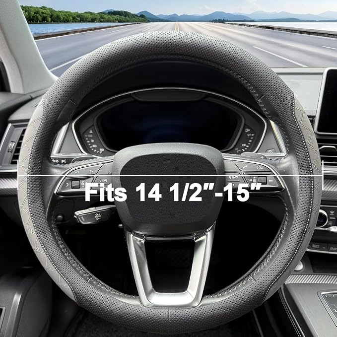 LKWLIKEI Nappa Leather Steering Wheel Cover, Elegant Diamond Checkered Design - Image 4
