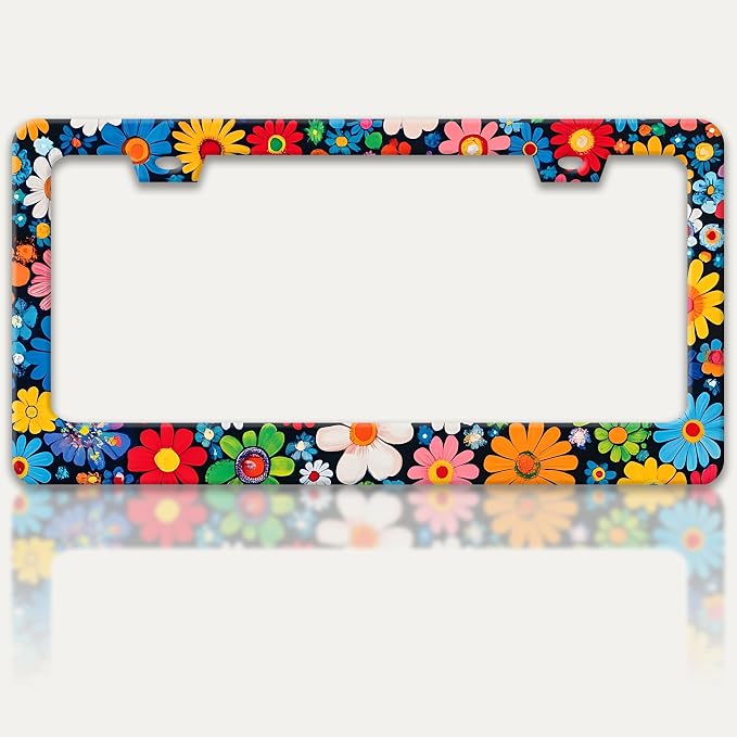 Colorful Flowers Print License Plate Frame Beautiful Floral License Plate by RTINRAN