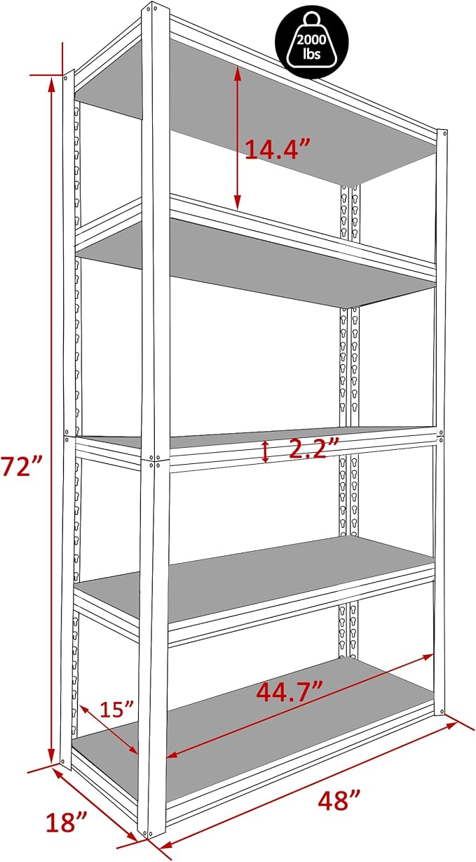 MUPATER 72" H x 48" W x 18" D Metal Storage Shelves, 5 Tier Shelves and - Image 3