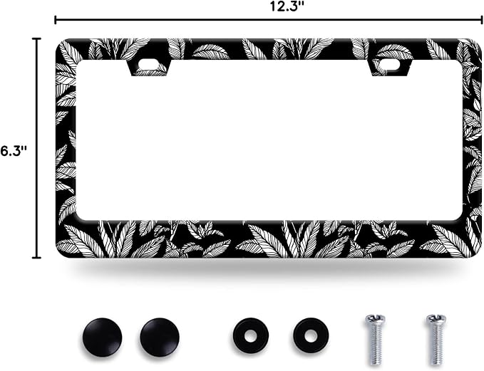 Black White Tropical Leaf License Plate Frame License Plate Stainless Steel - Image 8