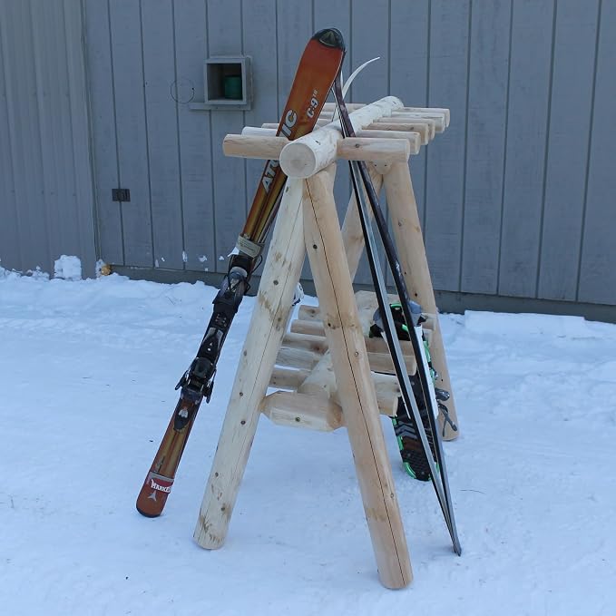 13-Place Freestanding Log Ski Rack Holder, Indoor & Outdoor Snowboard Racks - Image 5