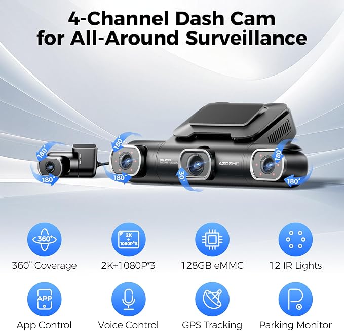 AZDOME 360° 4 Channel Dash Cam, Built-in 128GB eMMC, 2K+1080P*3 Dashcam Front - Image 2