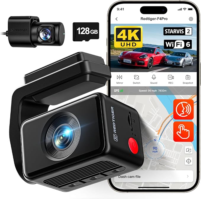 REDTIGER F4 Pro 4K Dash Cam Front and Rear, STARVIS 2 Sensor, 128GB Card by REDTIGER