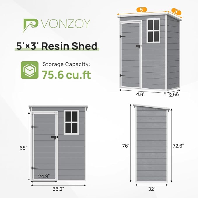 Resin Outdoor Storage Shed, 5x3FT Plastic Garden Shed - Image 2