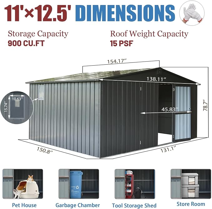 IKERY Extra Large Galvanized Steel Storage Shed 11' x 12.5' - Image 7