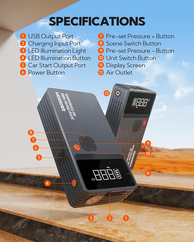 Car Battery Jump Starter with Air Compressor, 44.4Wh Battery Jump Box with Tire - Image 9