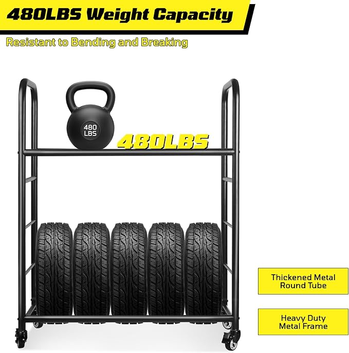 Tire Rack, Rolling Tire Rack 218KG/480LBS Capacity, 2 Storage Shelf & 4 Swivel - Image 6