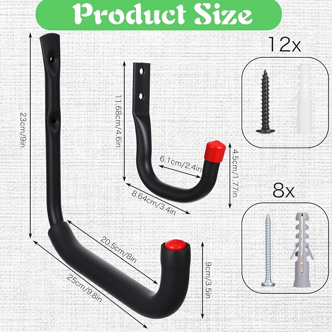 10 Pack Heavy Duty Garage Hooks, 9.8" & 3.5" Kayak Storage Hook, 100LB Capacity - Image 2