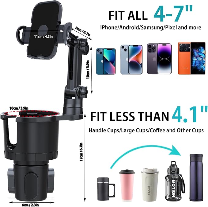 Cup Holder Phone Mount for Car, Upgraded 2 in 1 Car Cup Holder Expander Long Arm - Image 2